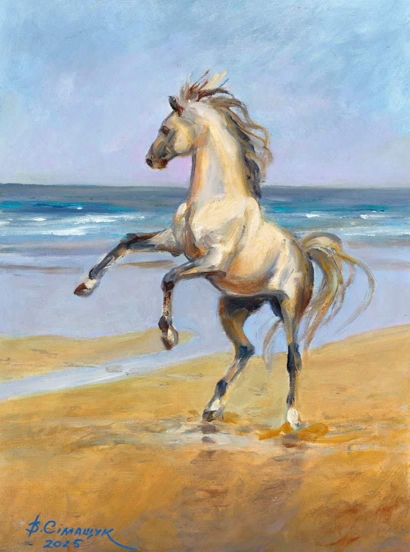 Valentina Simaschuk (Ukraine,20/21C) oil painting: ARTIST: Valentina Simaschuk (Ukraine, 20/21 centuries) TITLE: Horse on the Beach MEDIUM: oil on heavy paper CONDITION: Very good. No visible inpaint under UV light.