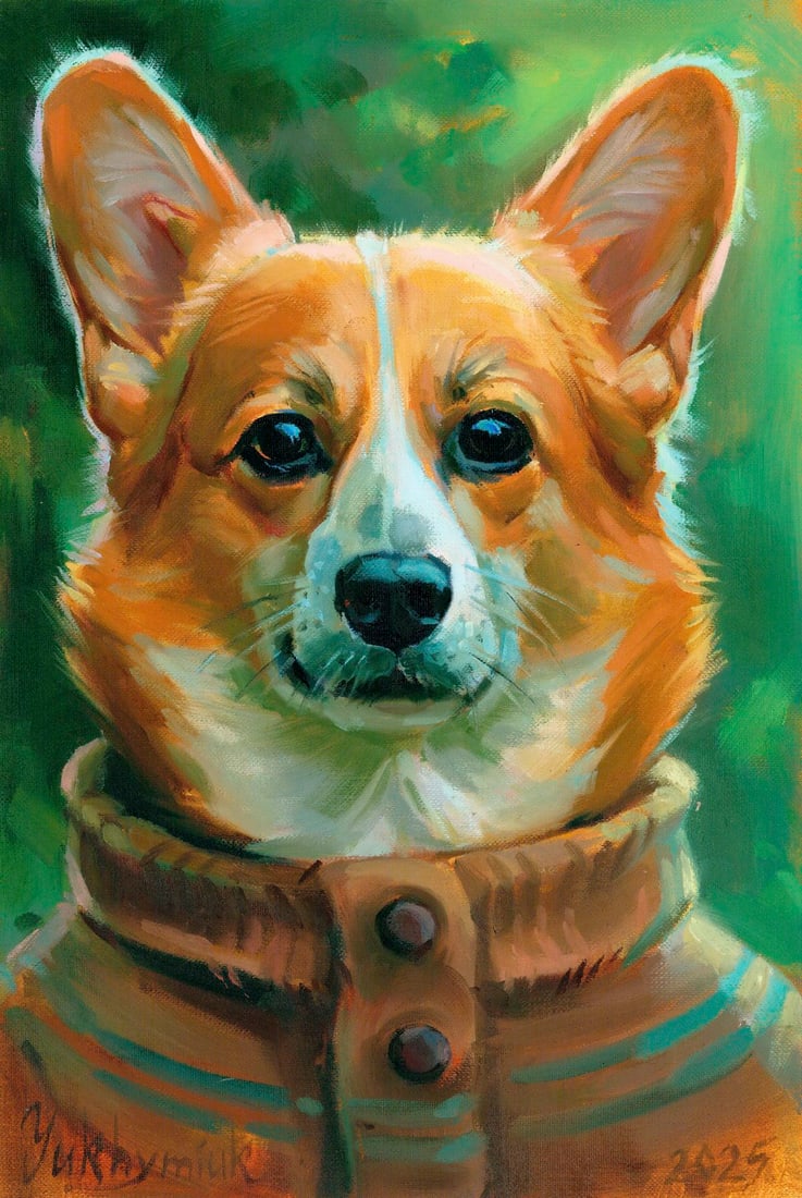 Svetlana Yukhymiuk (Ukraine,20/21C) oil painting: ARTIST: Svetlana Yukhymiuk (Ukraine, 20/21 centuries) TITLE: Corgi Dog MEDIUM: oil on heavy paper CONDITION: Very good. No visible inpaint under UV light. ART SIZ