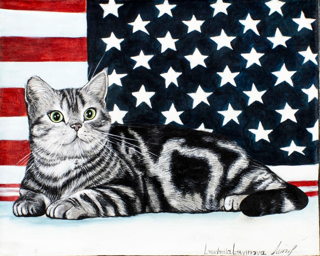 Lyudmila Litvinova (Russia,b 1991) acrylic painting: ARTIST: Lyudmila Litvinova (Russian, born 1991) TITLE: American Shorthair Cat (titled on verso) MEDIUM: acrylic on canvas CONDITION: Unstretched (In-House stretching availab