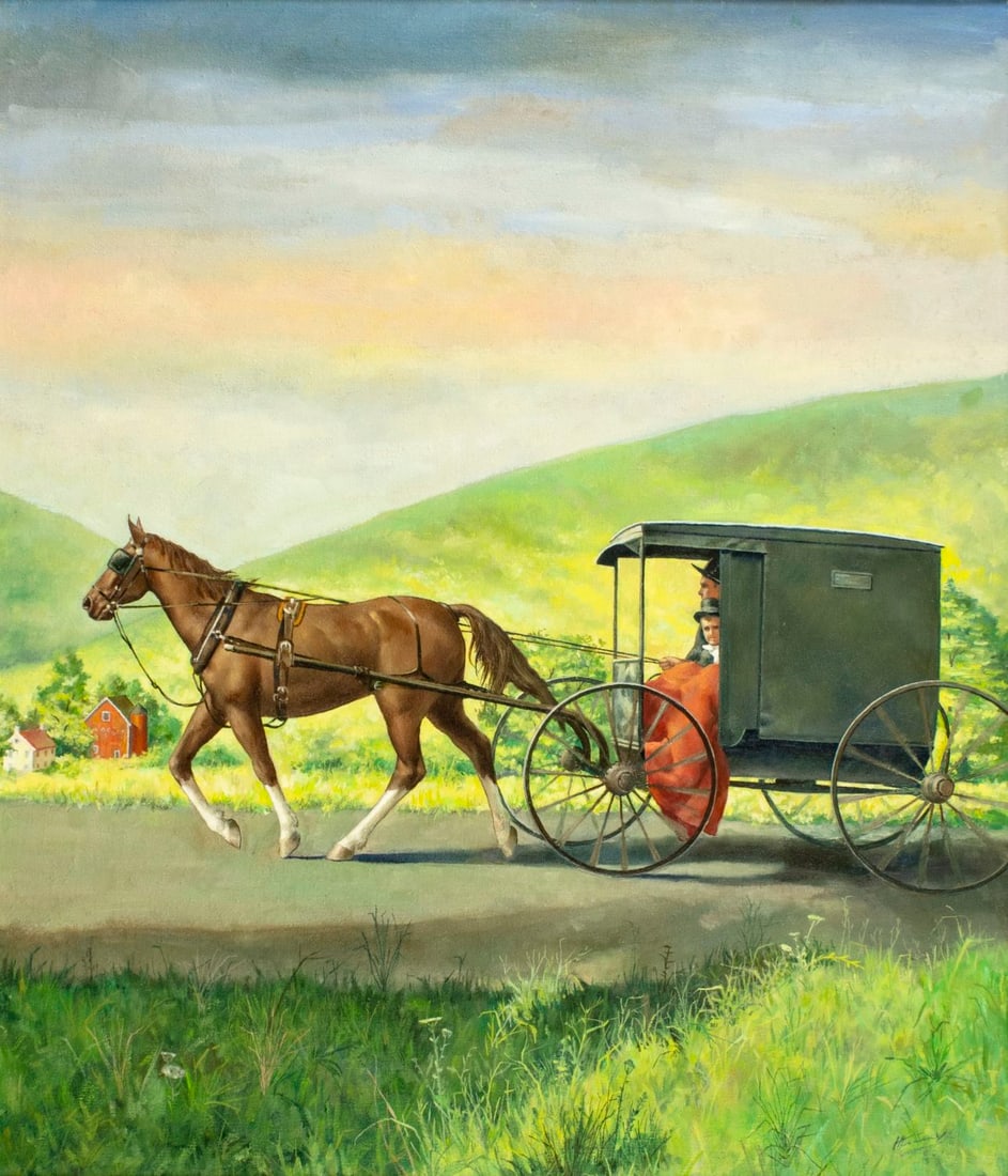 Joe Hennesy (PA,20C) oil painting: ARTIST: Joe Hennesy (Pennsylvania, 20 century) TITLE: Horse Drawn Carriage MEDIUM: oil on canvas board CONDITION: Few minor paint losses by the upper edge. No visible inpain