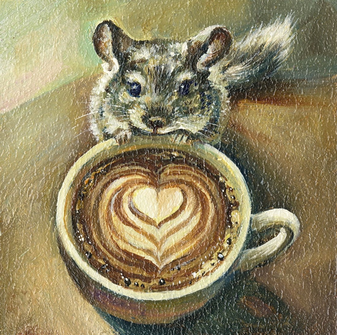 Sergey Kozachkin (Ukraine,b 1965) oil painting: ARTIST: Sergey Vasilievich Kozachkin (Ukrainian, born 1965) TITLE: Squirrel with Coffee MEDIUM: oil on board CONDITION: Very good. No visible inpaint under UV light.