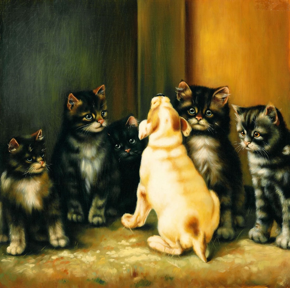 Adrienne Lester (UK,20C) oil painting: ARTIST: Adrienne Lester (United Kingdom, 20 century) TITLE: Kittens and Puppy MEDIUM: oil on canvas CONDITION: Unstretched (In-House stretching available). Few minor paint l