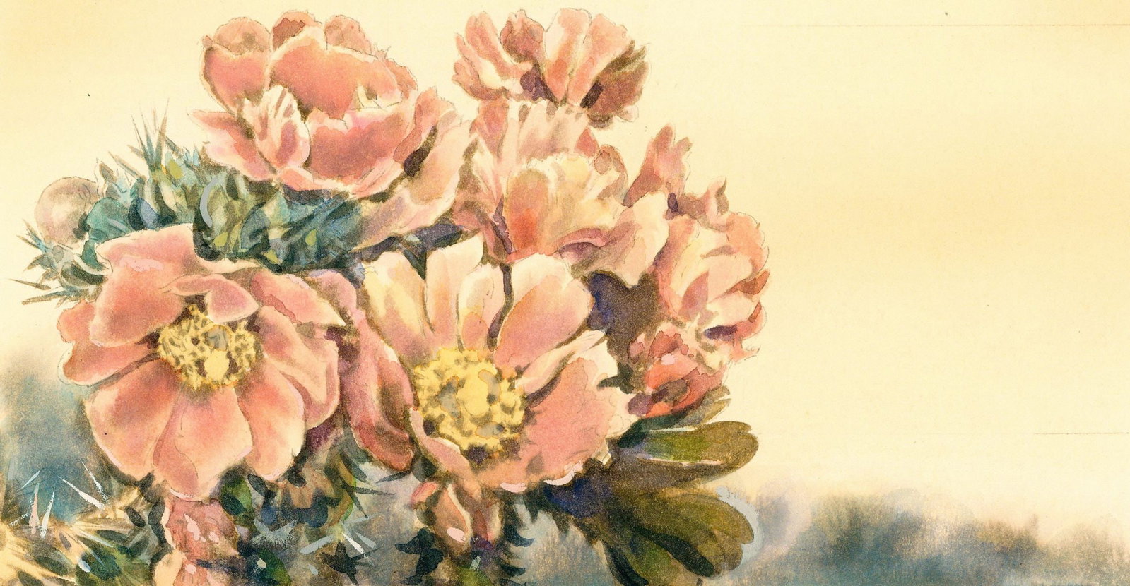 William Plummer (UK,20C) watercolor painting: ARTIST: William Plummer (United Kingdom, 20 century) TITLE: Cane Cholla YEAR: 1980s MEDIUM: watercolor on paper. Paper applied to board. CONDITION: Some