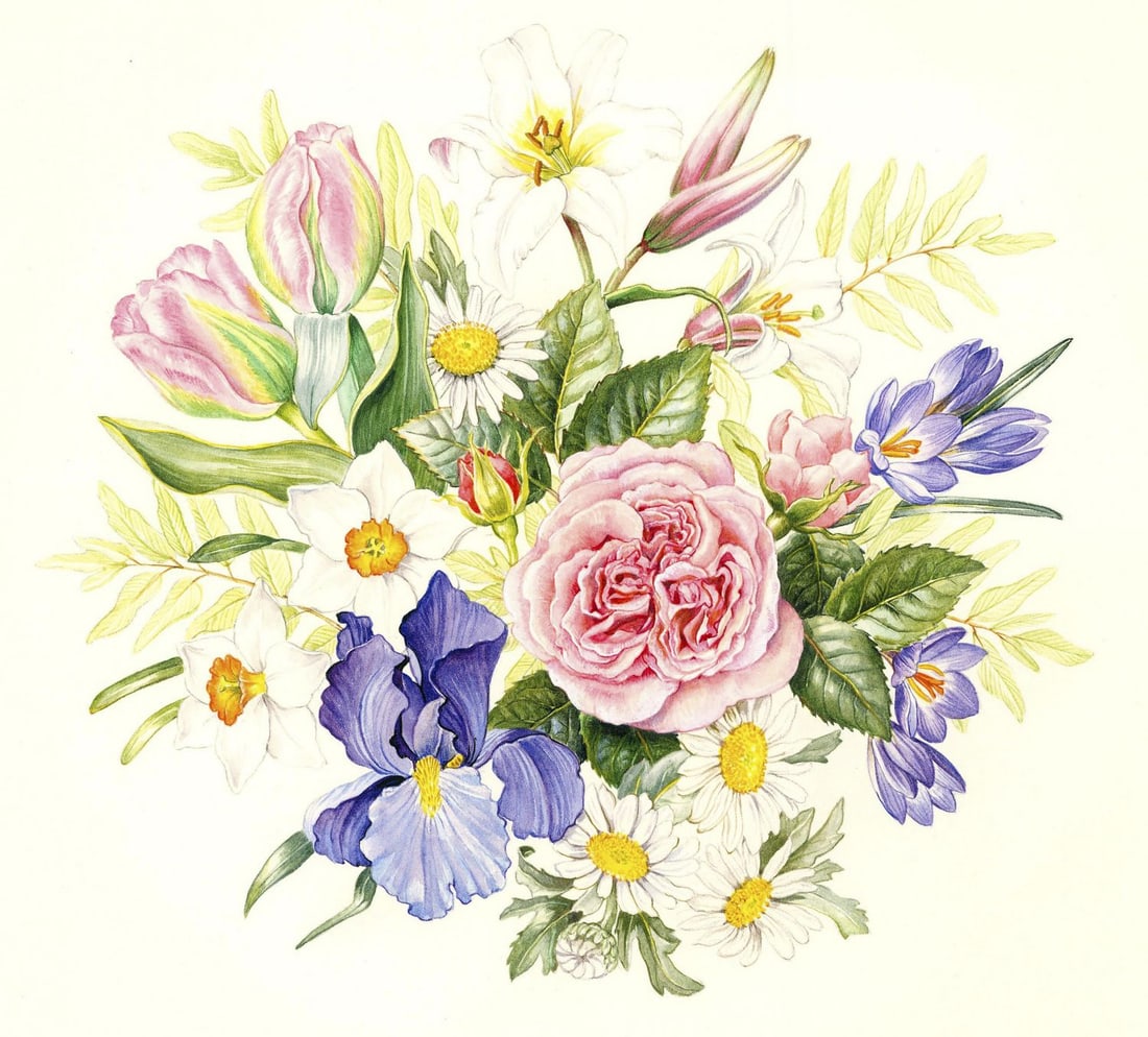 Rosanne Sanders (UK,20/21C) watercolor painting: ARTIST: Rosanne Sanders (United Kingdom, 20/21 centuries) TITLE: Royal Birtday Plate - Denmark (titled on verso) YEAR: 1980s MEDIUM: watercolor on heavy paper CON