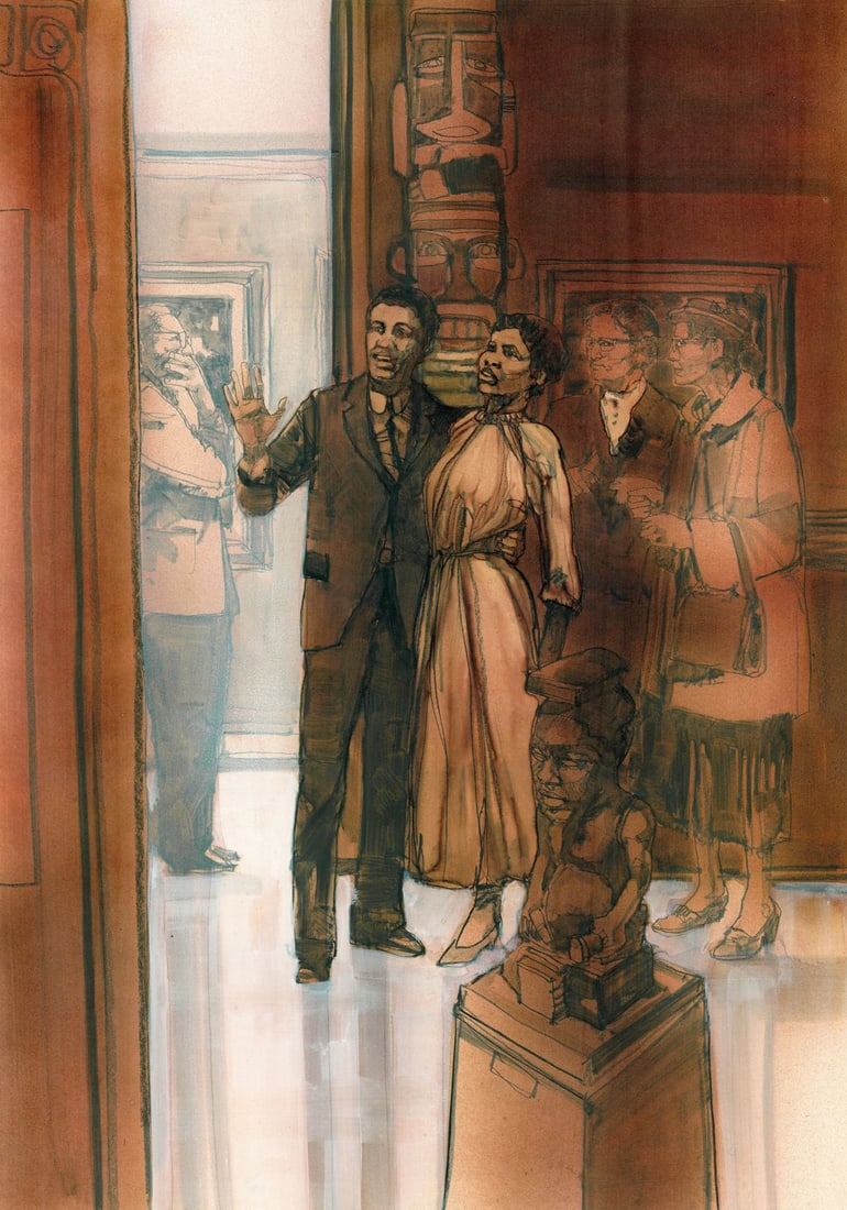 Jim Sharpe (TX,1936-2005) gouache painting: ARTIST: James C Sharpe (Texas, 1936 - 2005) TITLE: Illustration - Go Tell It on the Mountain YEAR: 1981 MEDIUM: gouache on board CONDITION: Overall good.