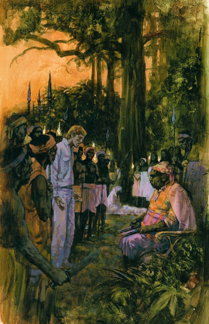 H Tom Hall (PA,NY,1932-2010) oil painting: ARTIST: Harry Thomas Hall III (Pennsylvania, New York, 1932 - 2010) TITLE: Illustration - Lord Jim 7 YEAR: 1977 MEDIUM: oil on board CONDITION: Few minor