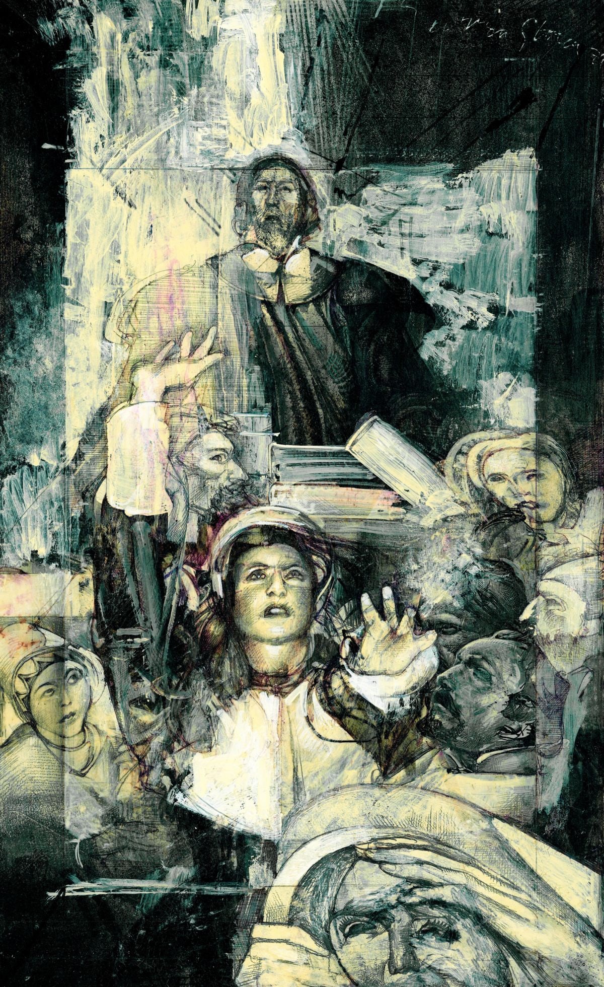 Barron Storey (CA,TX,b1940) oil painting: ARTIST: Ross Barron Storey (California, Texas, born 1940) TITLE: Illustration - The Crucible YEAR: 1979 MEDIUM: oil on board CONDITION: Few minor scratch
