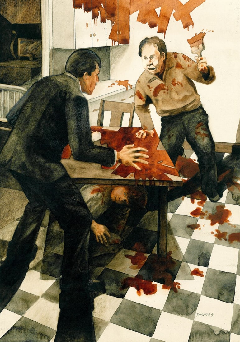 Fred W Thomas (WA,20C) watercolor painting: ARTIST: Fred W Thomas (Washington, 20 century) TITLE: Illustration - The Last Angry Man YEAR: 1977 MEDIUM: watercolor on board CONDITION: Some age toning