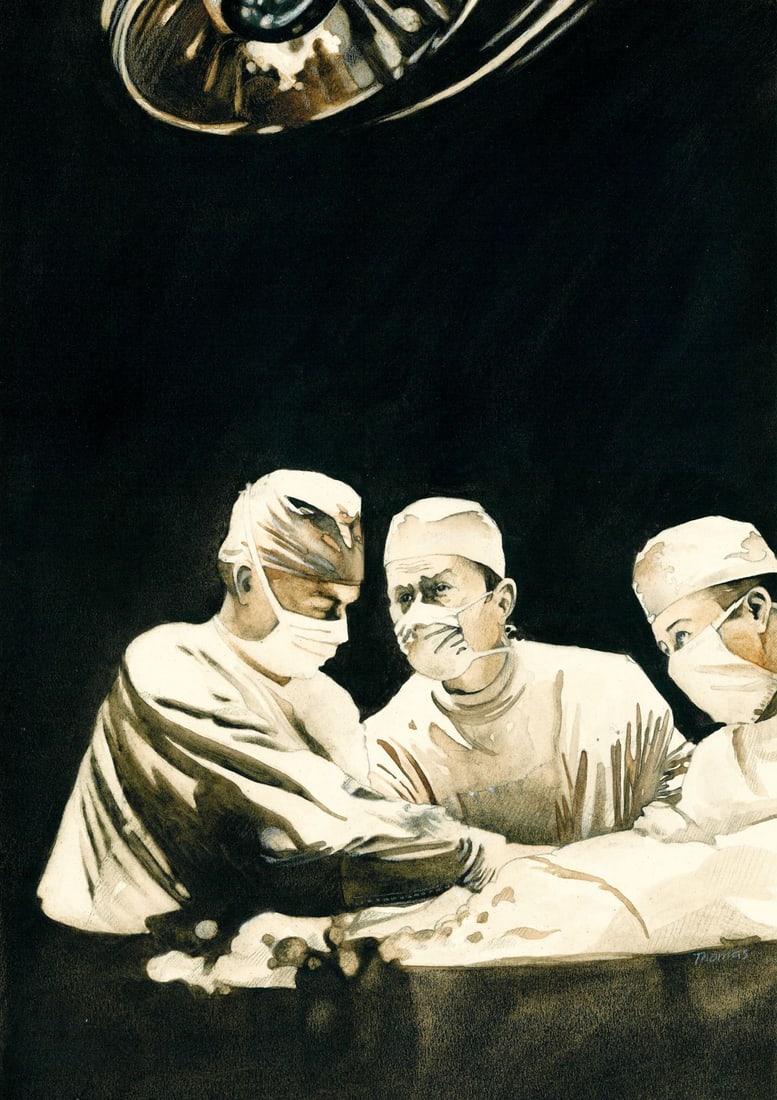Fred W Thomas (WA,20C) watercolor painting: ARTIST: Fred W Thomas (Washington, 20 century) TITLE: Illustration - The Last Angry Man YEAR: 1977 MEDIUM: watercolor on board CONDITION: Some age toning