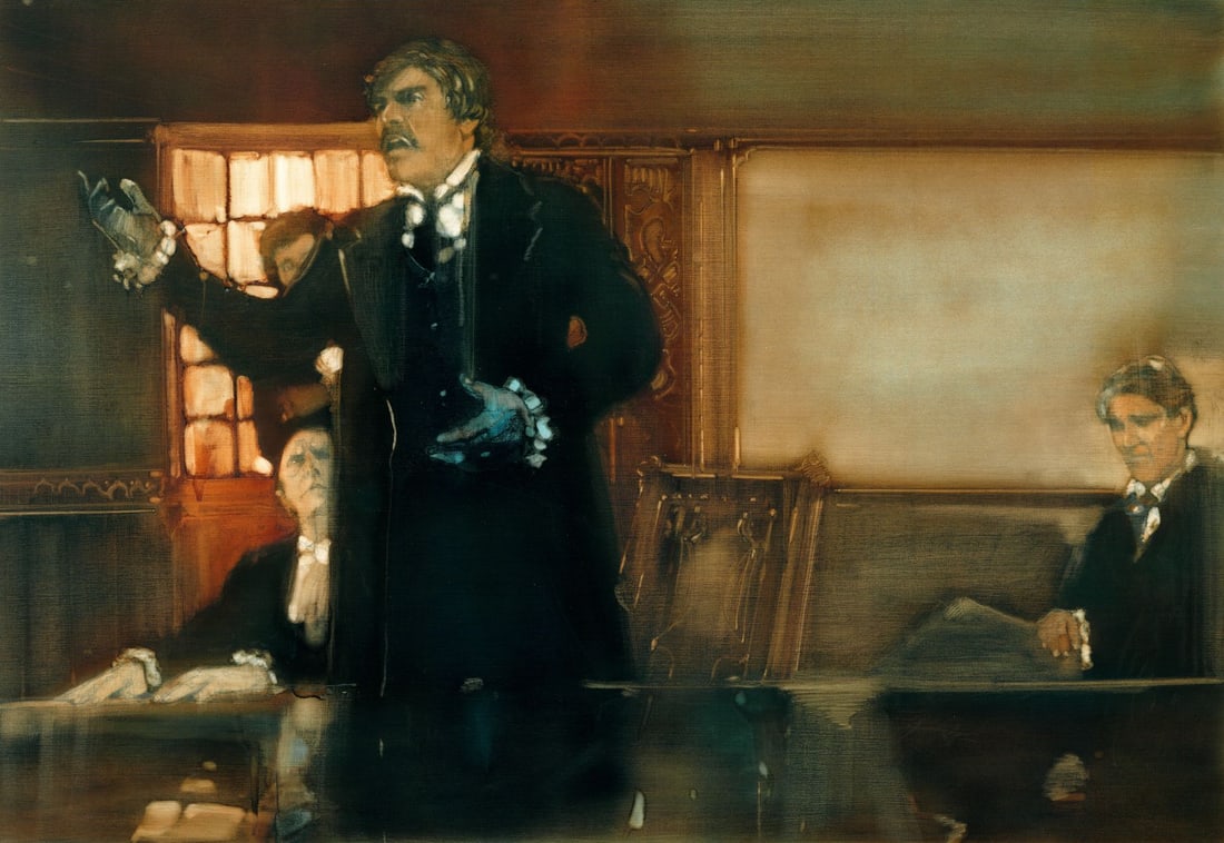 Walt Spitzmiller (MO,1944-2020) oil painting: ARTIST: Walter Spitzmiller (Missouri, 1944 - 2020) TITLE: Illustration - The Brothers Karamazov YEAR: 1977 MEDIUM: oil on board CONDITION: Minor paint lo