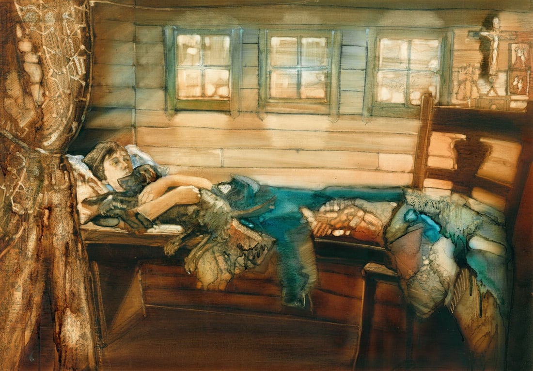 Walt Spitzmiller (MO,1944-2020) oil painting: ARTIST: Walter Spitzmiller (Missouri, 1944 - 2020) TITLE: Illustration - The Brothers Karamazov YEAR: 1977 MEDIUM: oil on board CONDITION: Few minor pain