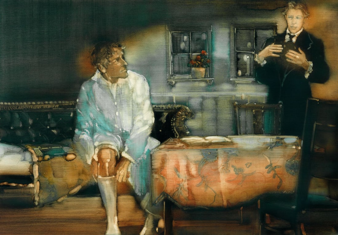 Walt Spitzmiller (MO,1944-2020) oil painting: ARTIST: Walter Spitzmiller (Missouri, 1944 - 2020) TITLE: Illustration - The Brothers Karamazov YEAR: 1977 MEDIUM: oil on board CONDITION: Overall good.