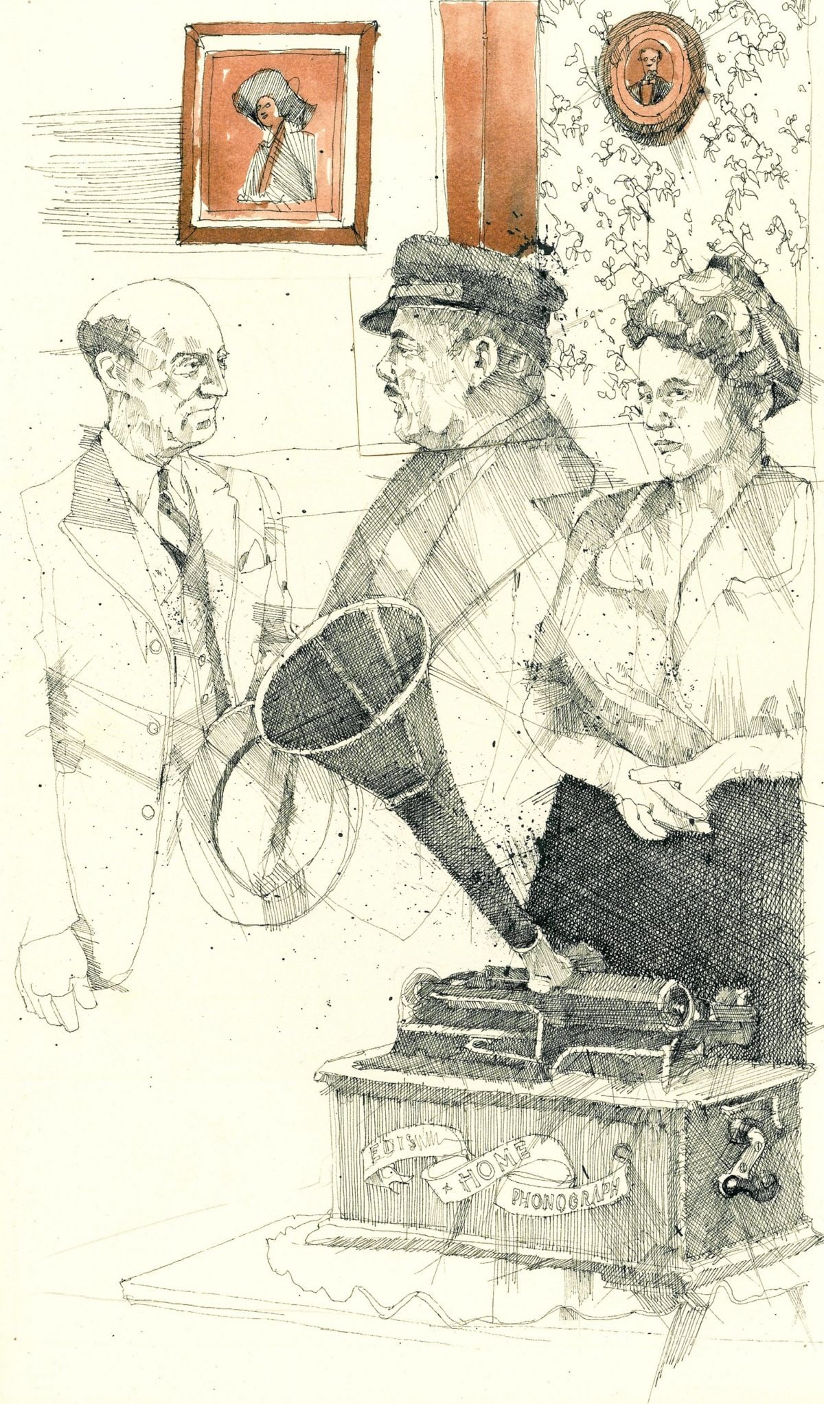 Kenneth Francis Dewey (AZ,1940-?) ink painting: ARTIST: Kenneth Francis Dewey (Arizona, 1940 - ???) TITLE: Illustration - Sean O'Casey Six Plays YEAR: 1980 MEDIUM: ink on heavy paper CONDITION: Minor d