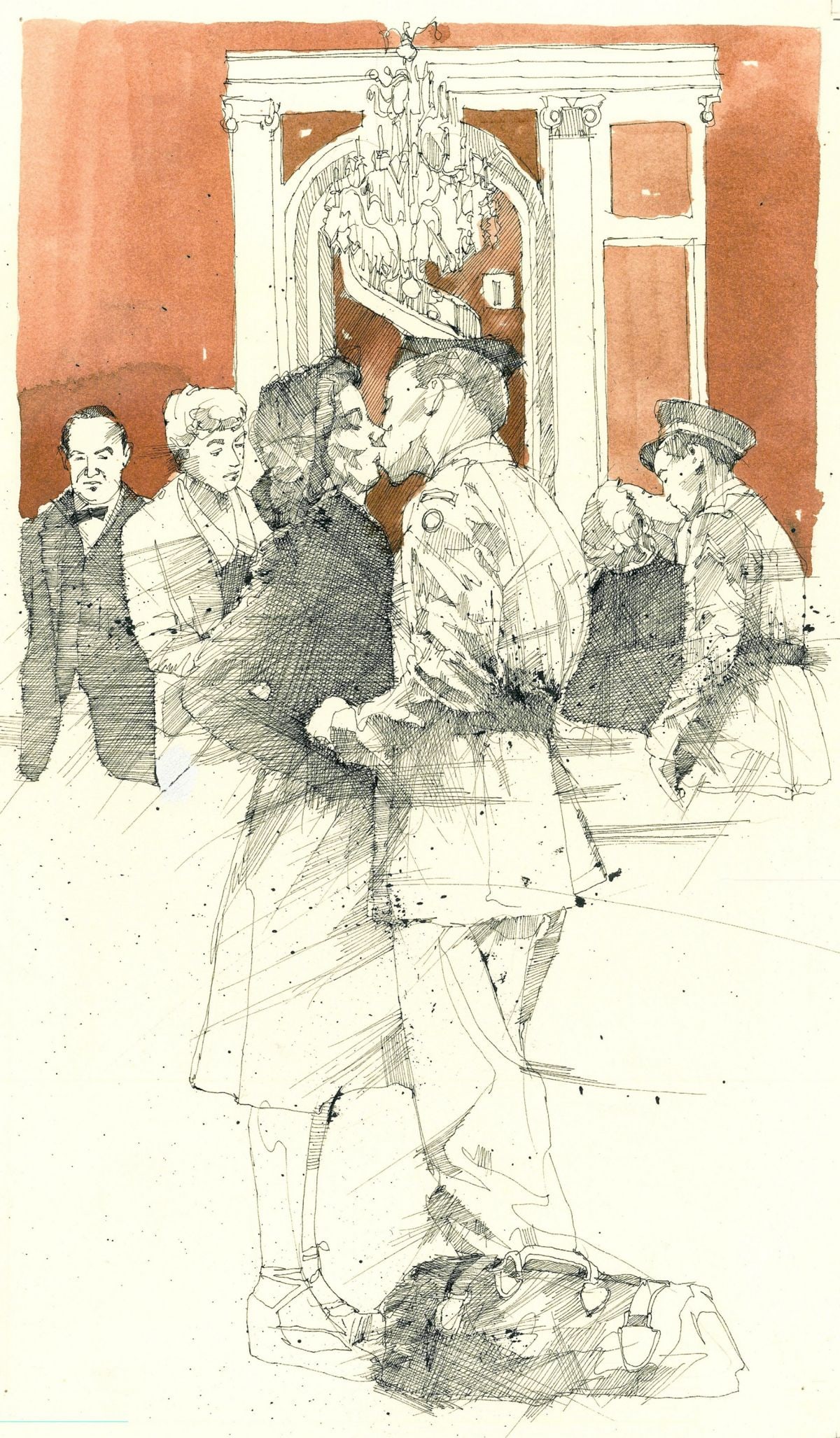 Kenneth Francis Dewey (AZ,1940-?) ink painting: ARTIST: Kenneth Francis Dewey (Arizona, 1940 - ???) TITLE: Illustration - Sean O'Casey Six Plays YEAR: 1980 MEDIUM: ink on heavy paper CONDITION: Minor a