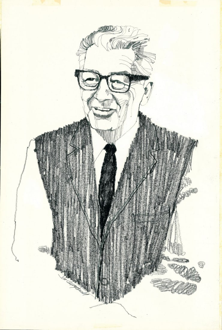 James Richard Campbell (CT,AL,1942-2022) graphite painting: ARTIST: James Richard Campbell (Connecticut, Alabama, 1942 - 2022) TITLE: Illustration - Portrait of Man YEAR: 1980s MEDIUM: graphite on board CONDITION: