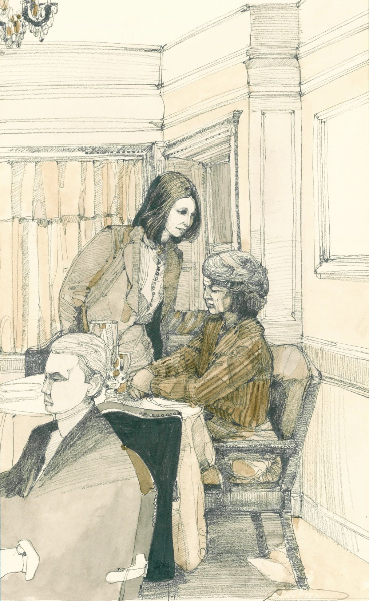 Jerry Pinkney (NY,PA,1939-2021) graphite painting: ARTIST: Jerry Pinkney (New York, Pennsylvania, 1939 - 2021) TITLE: Illustration - The Winthrop Covenant YEAR: 1976 MEDIUM: graphite on paper. Paper applied to board.