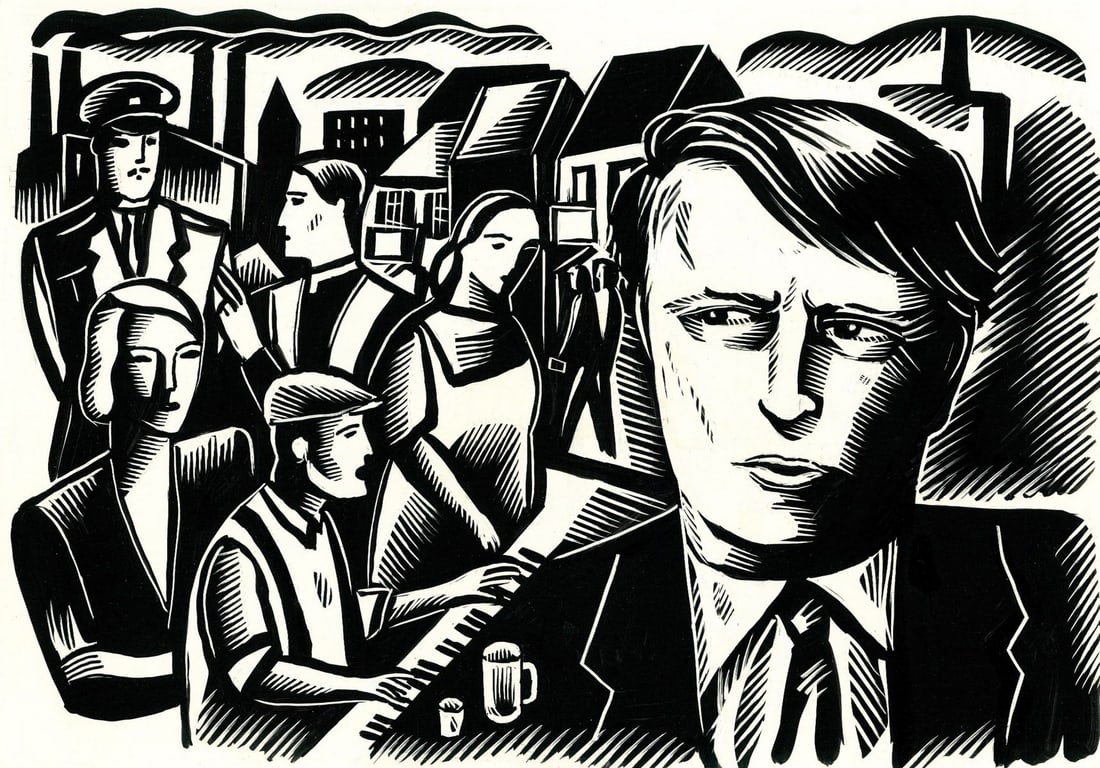 Anthony Russo (RI,20/21C) ink painting: ARTIST: Anthony Russo (Rhode Island, 20/21 centuries) TITLE: Illustration - Little Wilson & Big God YEAR: 1987 MEDIUM: ink on board CONDITION: Minor dama