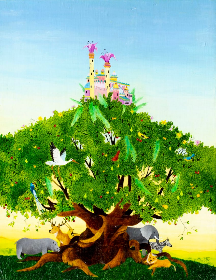 Robert LoGrippo (NY,SC,1947-2021) oil painting: ARTIST: Robert LoGrippo (New York, South Carolina, 1947 - 2021) TITLE: H C Andersen Fairy Tales Illustration YEAR: 1980s MEDIUM: oil on board CONDITION: