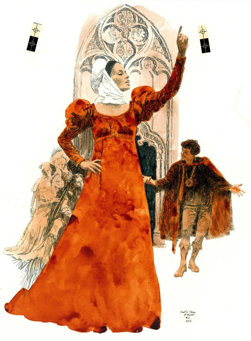 Mitchell Hooks (NY,MI,1923-2013) watercolor painting: ARTIST: Mitchell Hooks (New York, Michigan, 1923 - 2013) TITLE: William Shakespeare Illustration YEAR: 1981 MEDIUM: watercolor on heavy paper CONDITION: