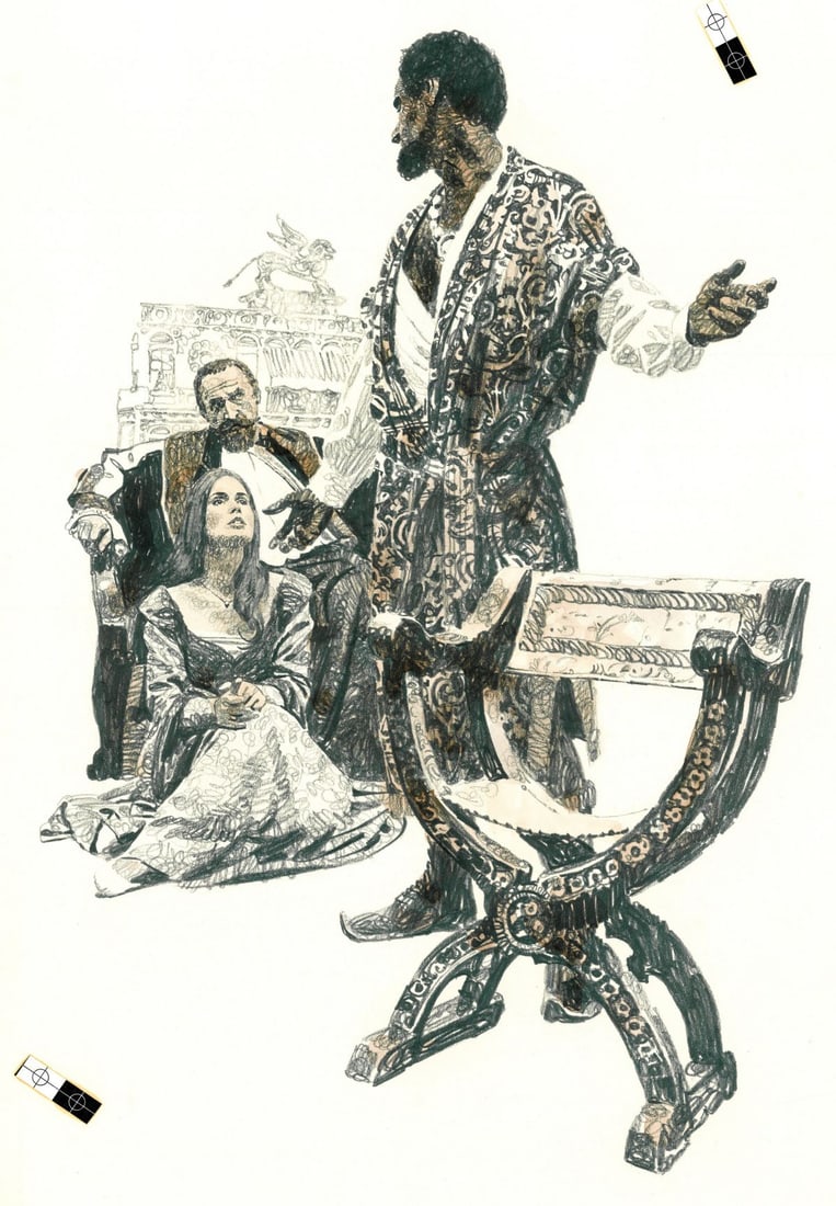 Mitchell Hooks (NY,MI,1923-2013) graphite painting: ARTIST: Mitchell Hooks (New York, Michigan, 1923 - 2013) TITLE: William Shakespeare Illustration - Othello YEAR: 1981 MEDIUM: graphite on heavy paper CONDITION:</