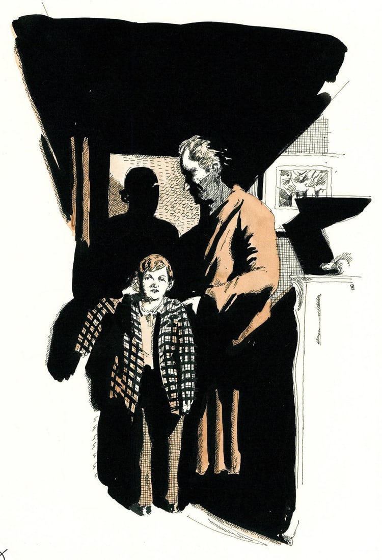 ATTR William Harmuth (NJ,1957-2025) ink painting: ARTIST: ATTRIBUTED TO William Harmuth (New Jersey, 1957 - 2025) TITLE: Illustration - A Good Man YEAR: 1980s MEDIUM: ink on heavy paper CONDITION: Minor