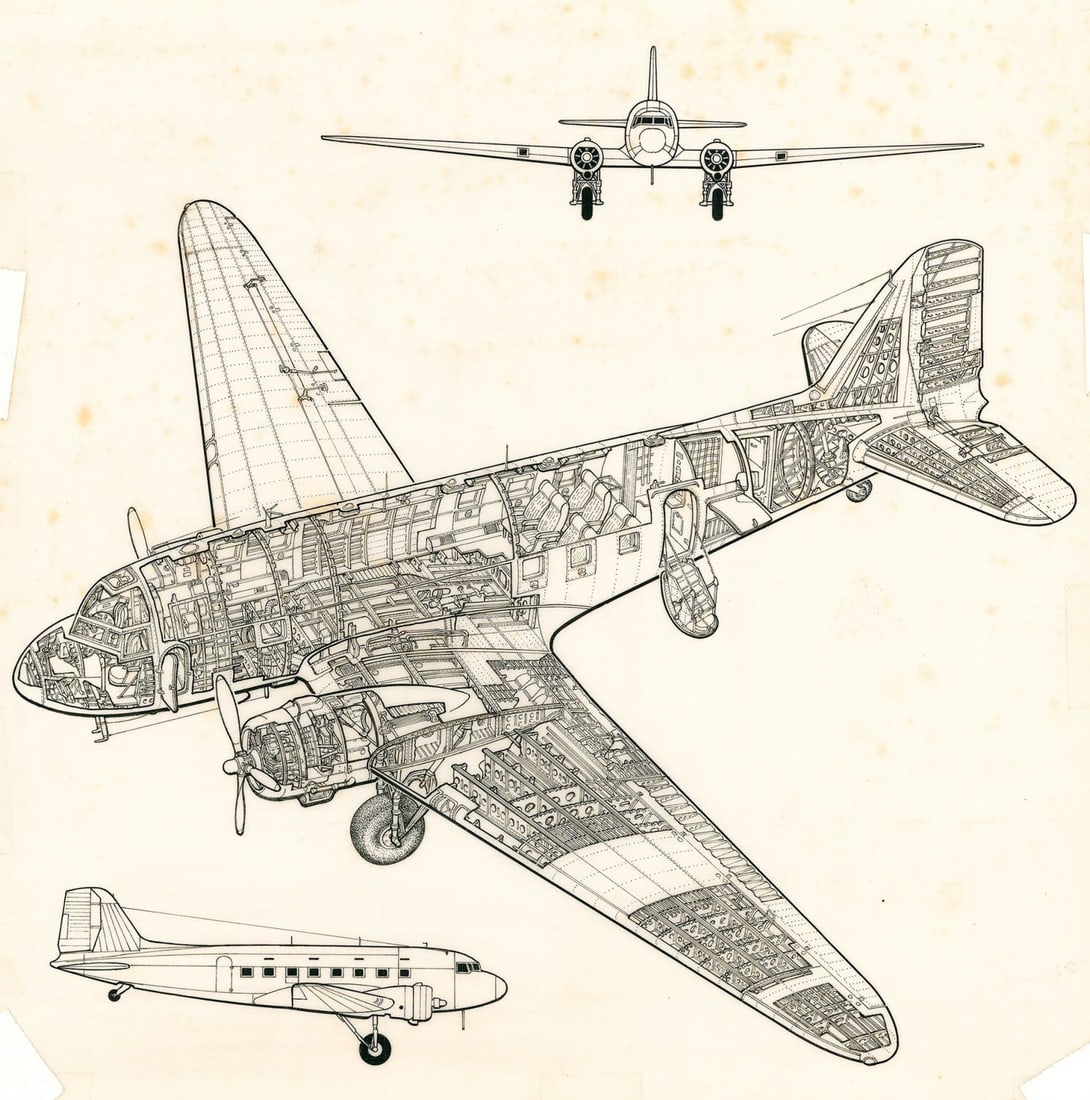 John Batchelor (UK,1936-2019) ink painting: ARTIST: John Henry Batchelor (United Kingdom, 1936 - 2019) TITLE: Plane - DC-3 (titled on verso) YEAR: 1984 MEDIUM: ink on paper. Paper applied to board. CONDIT
