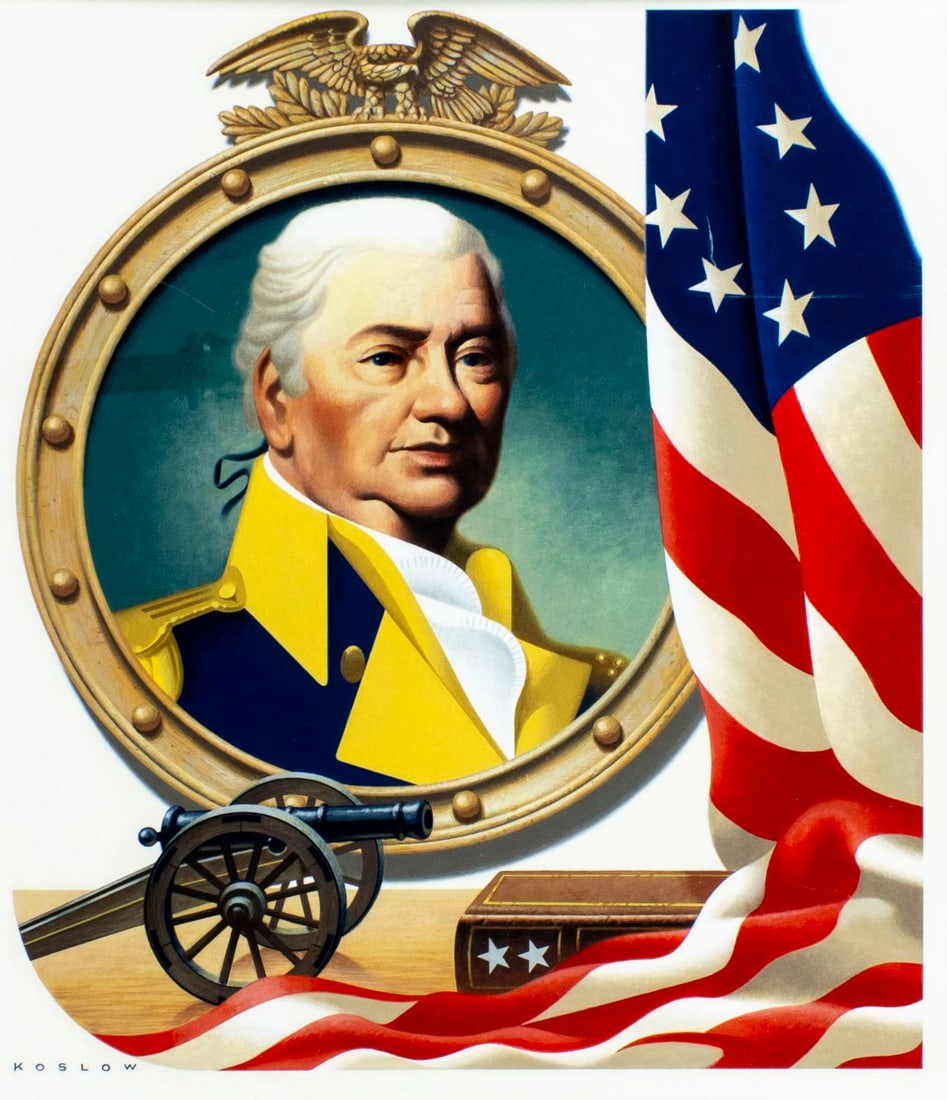 Howard Koslow (NJ,NY,1924-2016) oil painting: ARTIST: Howard Bertram Koslow (New Jersey, New York, 1924 - 2016) TITLE: Henry Knox MEDIUM: oil on board CONDITION: Very good. No visible inpaint under UV light. Framed un