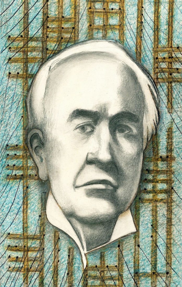 Hal Poth (MO,1924-2017) mixed media painting: ARTIST: Harold Ernst Poth (Missouri, 1924 - 2017) TITLE: Portrait of Thomas Edison YEAR: 1957 MEDIUM: mixed media on heavy paper CONDITION: Minor age t