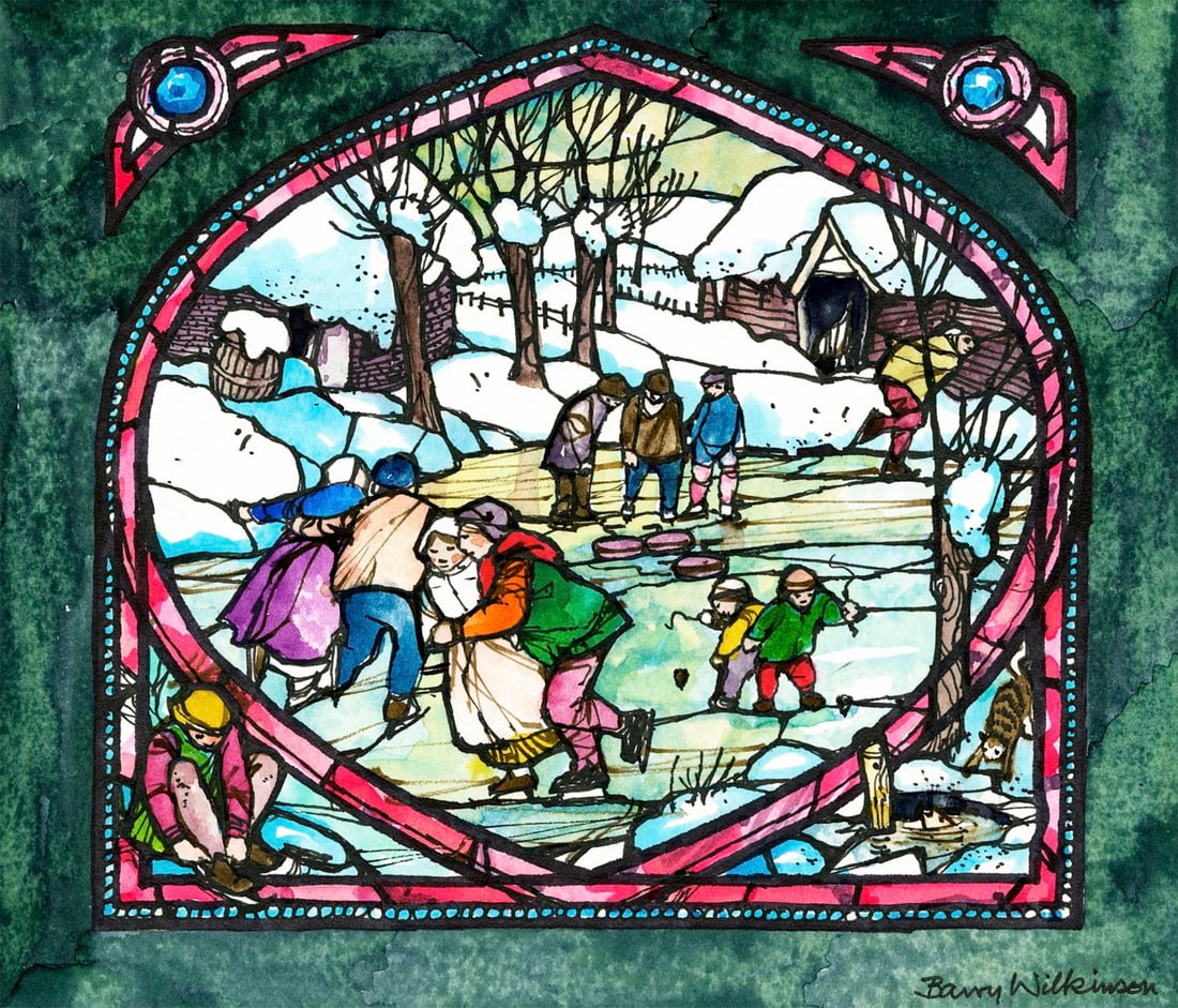 Barry Wilkinson (UK,1923-2007) watercolor painting: ARTIST: Barry Wilkinson (United Kingdom, 1923 - 2007) TITLE: Christmas 1990 - Skating (titled on verso) YEAR: 1990 MEDIUM: watercolor on board CONDITION: