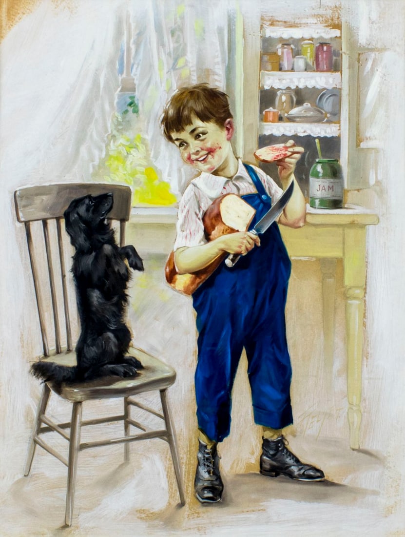 Charles Relyea (NY,1863-1932) gouache painting antique: ARTIST: Charles Mark Relyea (New York, 1863 - 1932) NAME: Boy with Dog - The Beggar MEDIUM: gouachel on board CONDITION: Very good. Framed under glass. No visible inpaint under UV light.