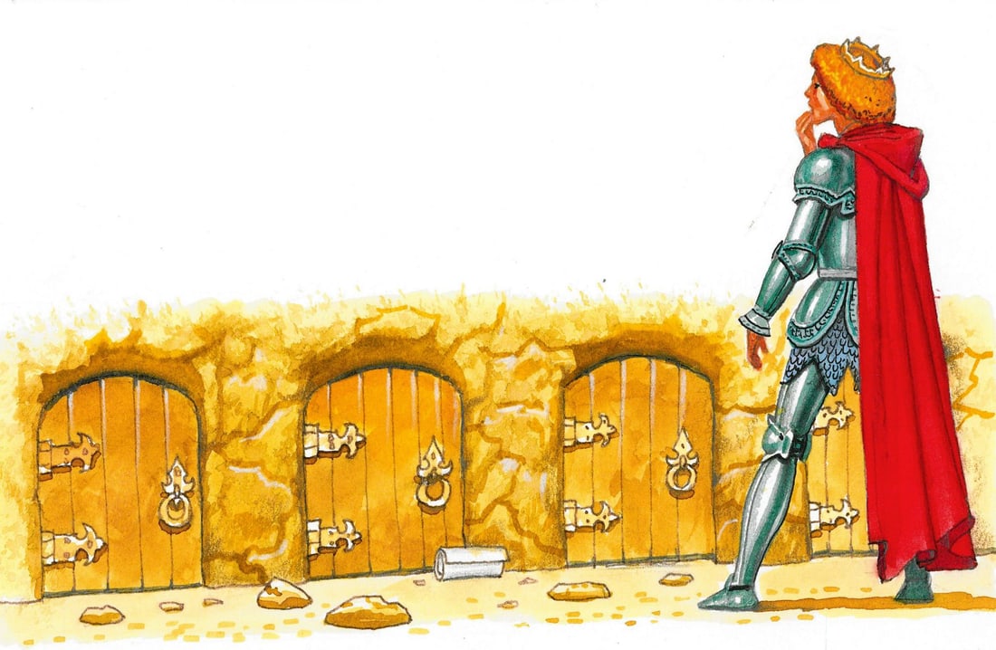 Alex Bloch (US,20C) watercolor painting: ARTIST: Alex Bloch (American, 20 century) TITLE: Prince Choosing a Door MEDIUM: watercolor on heavy paper CONDITION: Overall good. ART SIZE: 4 x 7 inches
