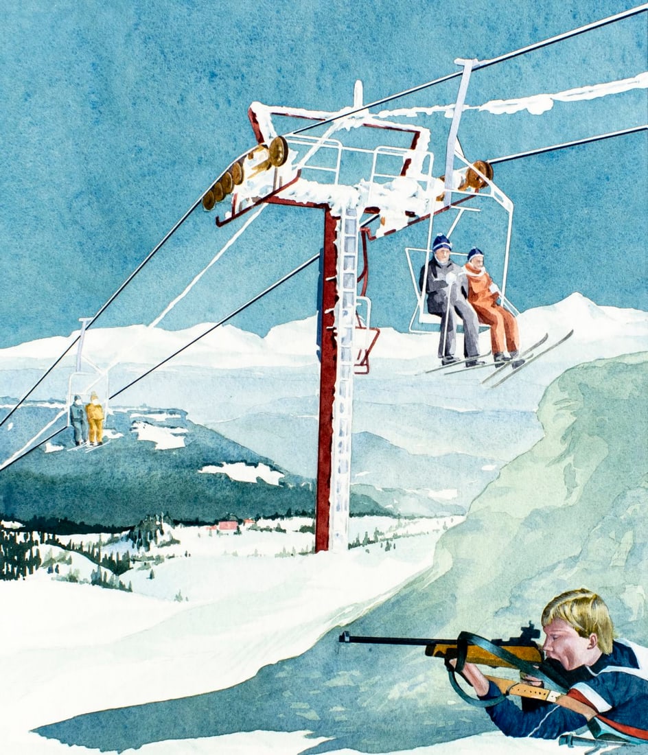 Andreja M Milenkovic (Serbia,1923-2005) watercolor painting: ARTIST: Andreja M Milenkovic (Serbian, 1923 - 2005) TITLE: Chairlift (titled on verso) YEAR: 1983 MEDIUM: watercolor on board CONDITION: Very good.