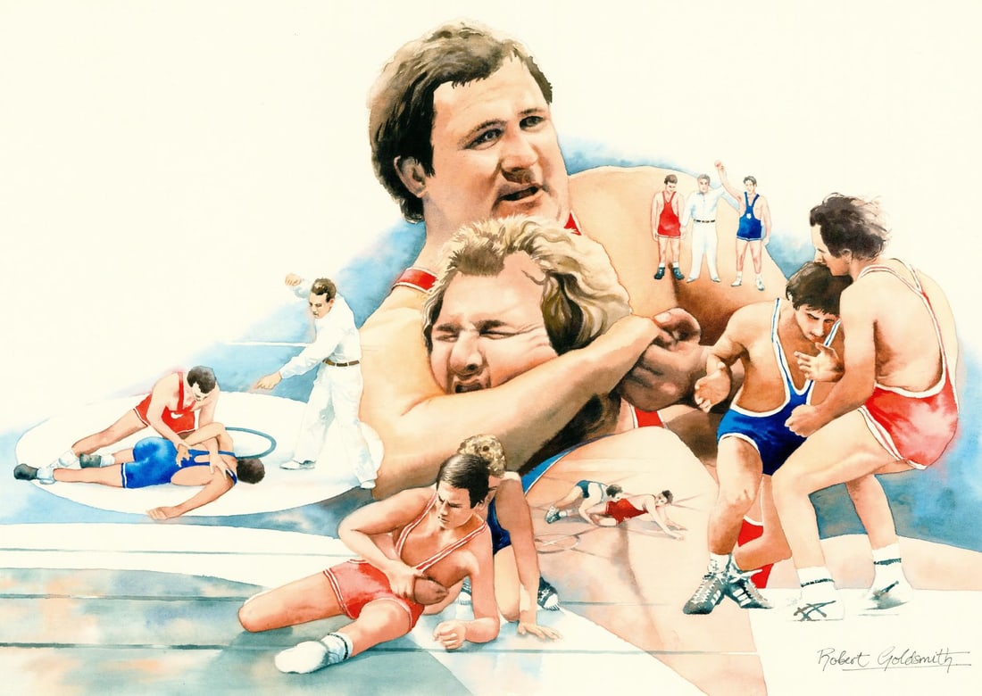 Robert S Goldsmith (UK,20C) watercolor painting: ARTIST: Robert S Goldsmith (United Kingdom, 20 century) TITLE: Wrestling (titled on verso) YEAR: 1984 MEDIUM: watercolor on board CONDITION: Some small d