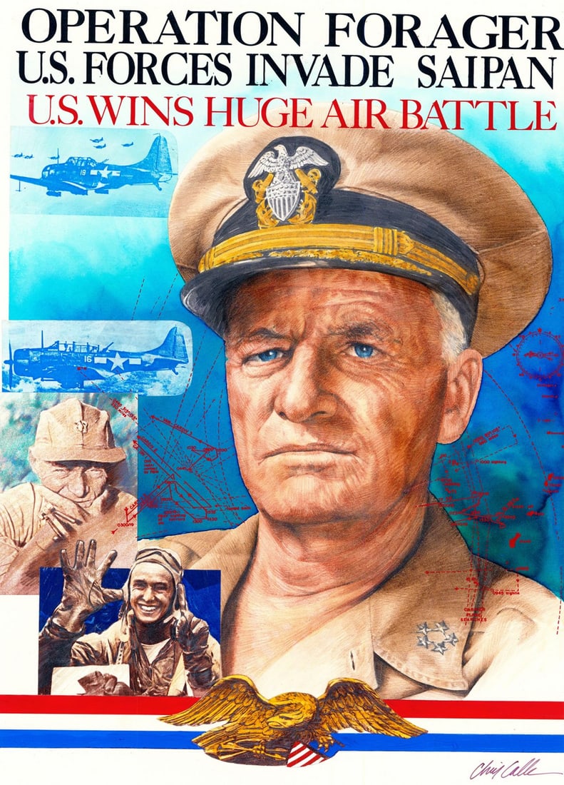 Chris Calle (CT,b 1961) mixed media painting: ARTIST: Chris Calle (Connecticut, born 1961) TITLE: WWII - Battle for the Marianas (titled on verso) YEAR: 1993 MEDIUM: mixed media on board CONDITION: M