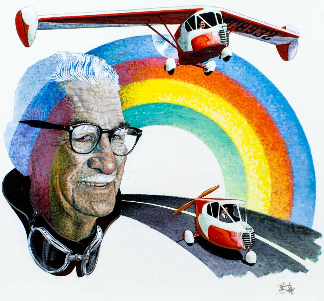 David Stone (OR,1922-2001) oil painting: ARTIST: David K Stone (Oregon, 1922 - 2001) TITLE: Portrait of Waldo D Watterman and His Arrowbile (titled on verso) YEAR: 1980 MEDIUM: oil on board CONDITION:<