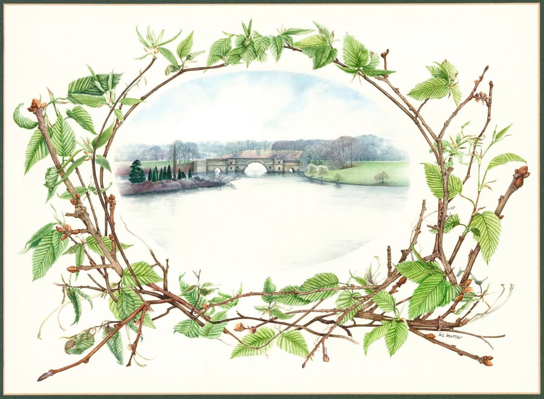 Liz Butler (UK,b 1948) watercolor painting: ARTIST: Liz Butler (United Kingdom, born 1948) TITLE: 18th Century Garden - Brenncian (titled on verso) YEAR: 1983 MEDIUM: watercolor on heavy paper CONDITION: