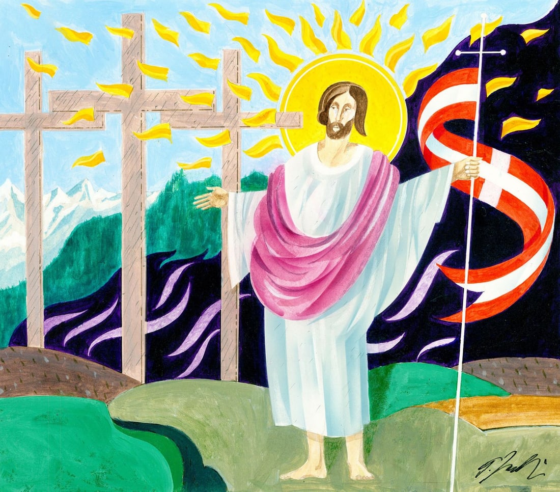 Guenter Jacki (German,1936-?) oil painting: ARTIST: Guenter Jacki (Germany, 1936 - ???) TITLE: Passion Play (titled on verso) YEAR: 1984 MEDIUM: oil on board CONDITION: Few very minor paint losses.