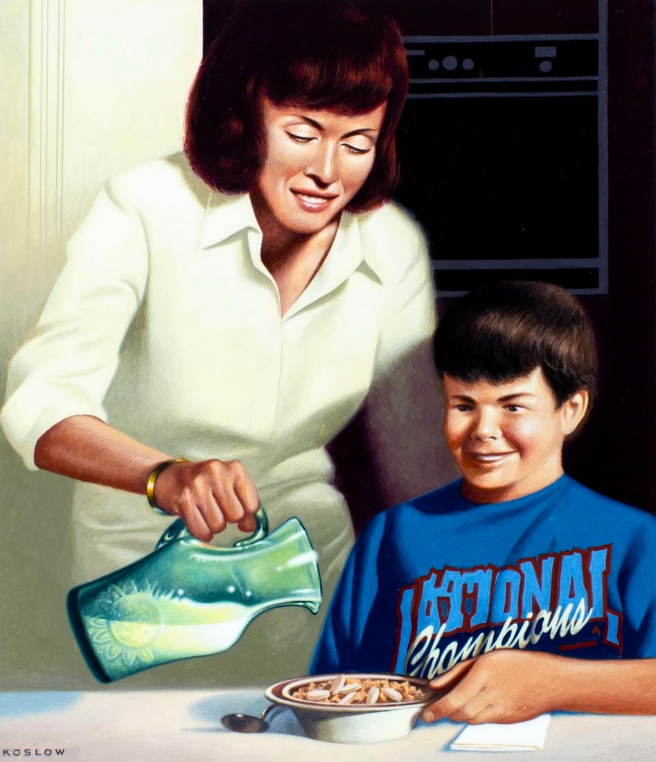 Howard Koslow (NJ,NY,1924-2016) oil painting: ARTIST: Howard Bertram Koslow (New Jersey, New York, 1924 - 2016) TITLE: Freeblown Glass - Mother Pouring Milk into a Childs Cereal Bowl (titled on verso) YEAR: 1999 MEDIUM: