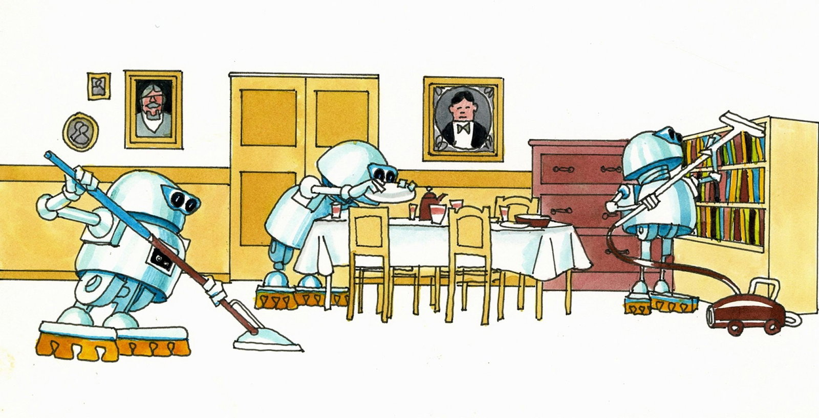 Alex Bloch (US,20C) watercolor painting: ARTIST: Alex Bloch (American, 20 century) TITLE: Illustration - Robots Cleaning House MEDIUM: watercolor on heavy paper CONDITION: Minor age toning. ART SIZE: