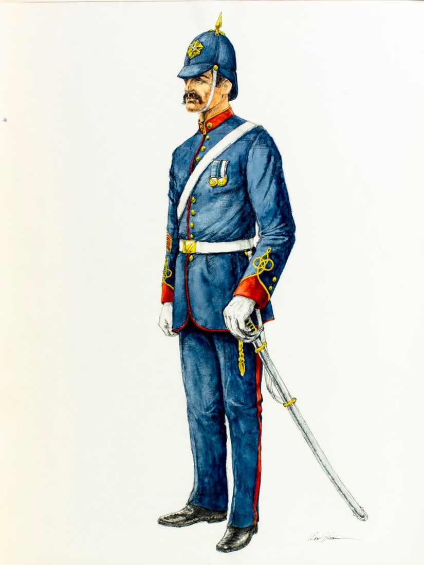 Ron Sloan (US,20C) watercolor painting: ARTIST: Ron Sloan (American, 20 century) TITLE: Military Uniforms, Gibralta II YEAR: 1984 MEDIUM: watercolor on paper. Paper applied to board. CONDITION: