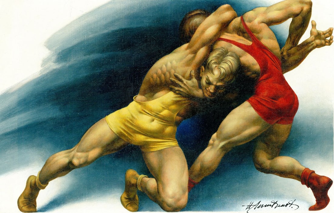 Nicolas Litvinov (Russia,1930-2005) oil painting: ARTIST: Nicolas Kirillovitch Litvinov (Russian, 1930 - 2005) TITLE: Olympics 1992 - Greco Roman Wrestling (titled on verso) YEAR: 1991 MEDIUM: oil on canvas. Canvas applied