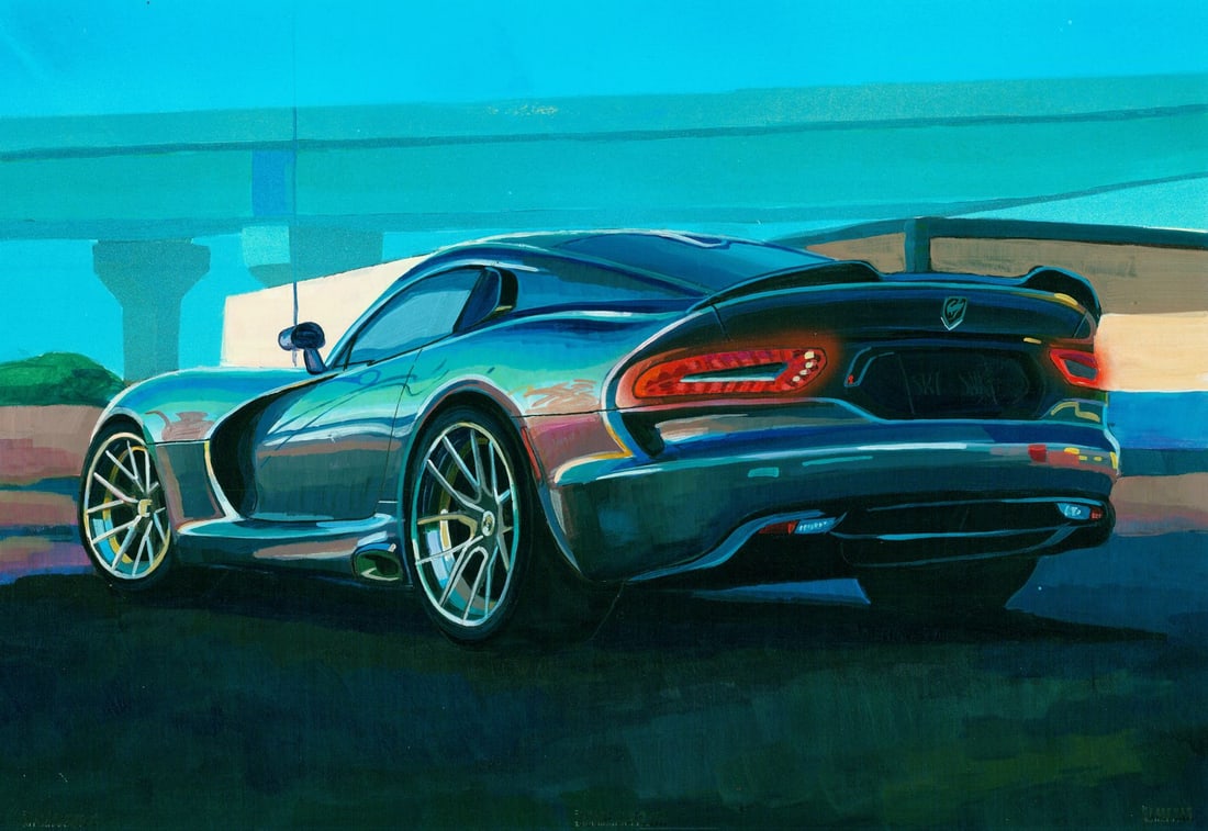 Volodymyr Strutsenko (Ukraine,20/21C) acrylic painting: ARTIST: Volodymyr Strutsenko (Ukrainian, 20/21 centuries) TITLE: Dodge Viper Car MEDIUM: acrylic on heavy paper CONDITION: Very good. ART SIZE: 12 x 17 i