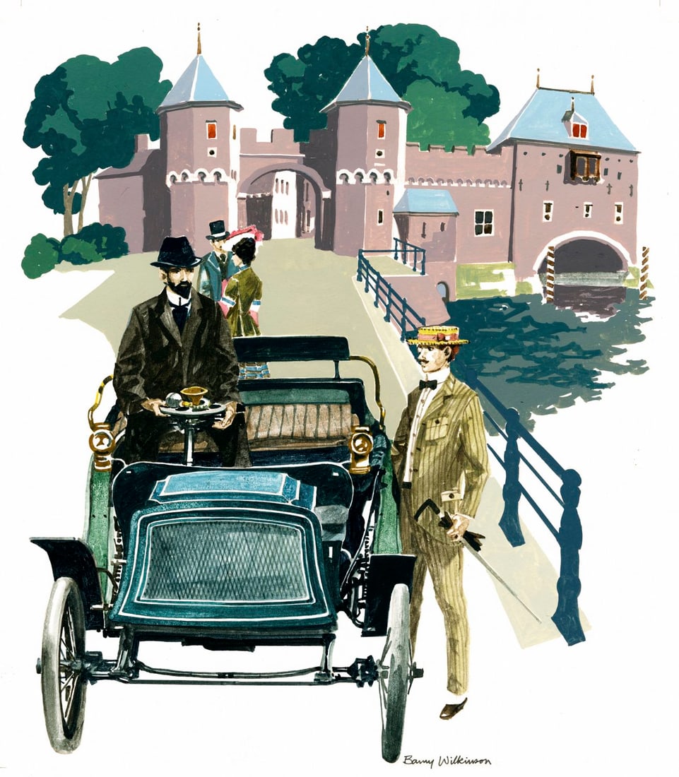 Barry Wilkinson (UK,1923-2007) gouache painting: ARTIST: Barry Wilkinson (United Kingdom, 1923 - 2007) TITLE: Netherlands N 2, 1899 Eysink Car (titled on verso) YEAR: 1984 MEDIUM: gouache on board CONDITION:</