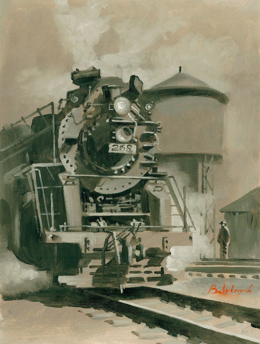 Volodymyr Budenkevych (Ukraine,20/21C) oil painting: ARTIST: Volodymyr Budenkevych (Ukrainian, 20/21 centuries) TITLE: Steam Locomotive Train MEDIUM: oil on heavy paper CONDITION: Very good. No visible inpaint under UV light.<