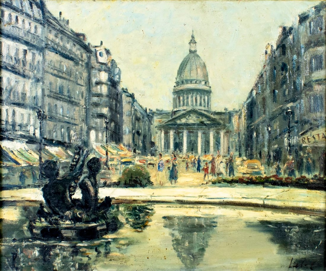 Lebot (France,early 20C) oil painting antique: ARTIST: Lebot (French, early 20 century) TITLE: Le Pantheon, Paris, France MEDIUM: oil on canvas CONDITION: Few minor paint losses. Some small brown spots. Some craquelure.