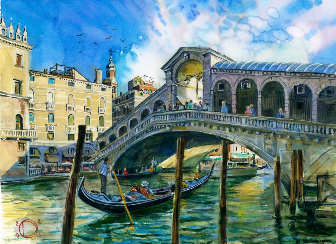 Olena Didenko (Ukraine,20/21C) watercolor painting: ARTIST: Olena Didenko (Ukrainian, 20/21 centuries) TITLE: Cityscape - Realto, Venice, Italy (titled on verso) MEDIUM: watercolor on heavy paper CONDITION: Very good.
