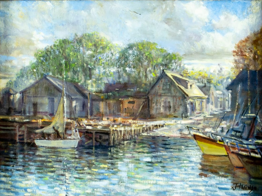 J Alfonso (US,20C) oil painting: ARTIST: J Alfonso (American, 20 century) TITLE: Harbor Scene MEDIUM: oil on canvas CONDITION: Overall good. No visible inpaint under UV light. Wear to frame. ART