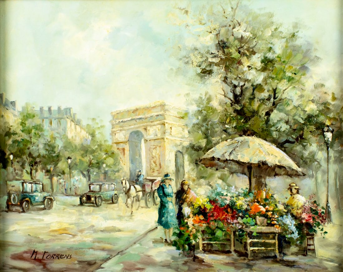 Monserrat Torrens (Spain,1933-?) oil painting: ARTIST: Monserrat Torrens (Spanish, 1933 - ???) TITLE: Cityscape with Flower Vendor MEDIUM: oil on canvas CONDITION: Overall good. No visible inpaint under UV light. Wear