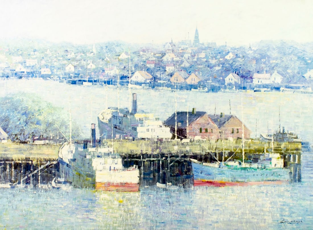 Law Kwok Leung (China,NY,CA,b 1954) oil painting: ARTIST: Law Kwok Leung (Chinese, New York, California, born 1954) TITLE: River Cityscape with Steamboats MEDIUM: oil on canvas CONDITION: Unstretched (In-House stretching av