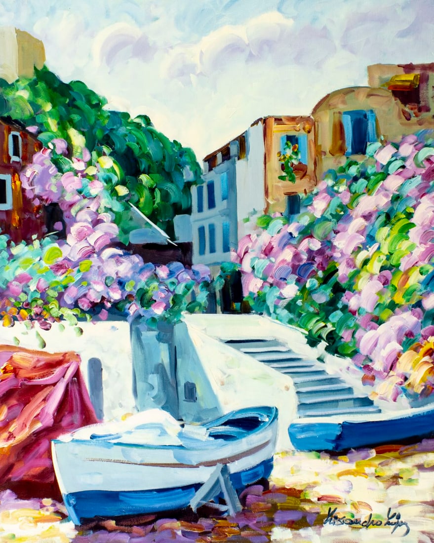 Lisandro Baylon (Argentina,US,1951-?) oil painting: ARTIST: Lisandro Lopez Baylon (Argentinian, American, 1951 - ???) TITLE: Cityscape with Boat MEDIUM: oil on canvas CONDITION: Unstretched (In-House stretching available) (
